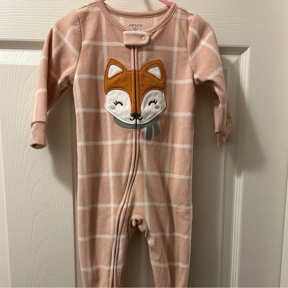 Carters Pink Plaid Fox Fuzzy Sleeper - 12 Months